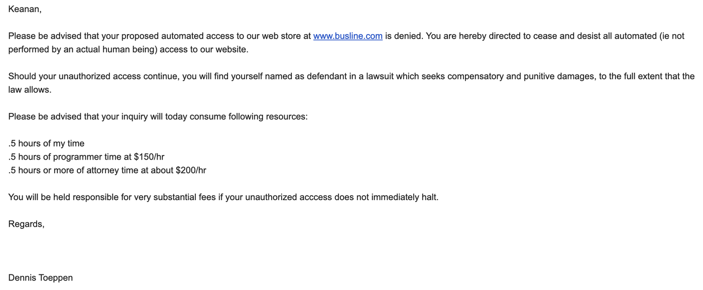 The cease-and-desist email: automated access to busline.com is denied, with a threat of a lawsuit and an itemized bill for half an hour each of the owner's, a programmer's, and an attorney's time.